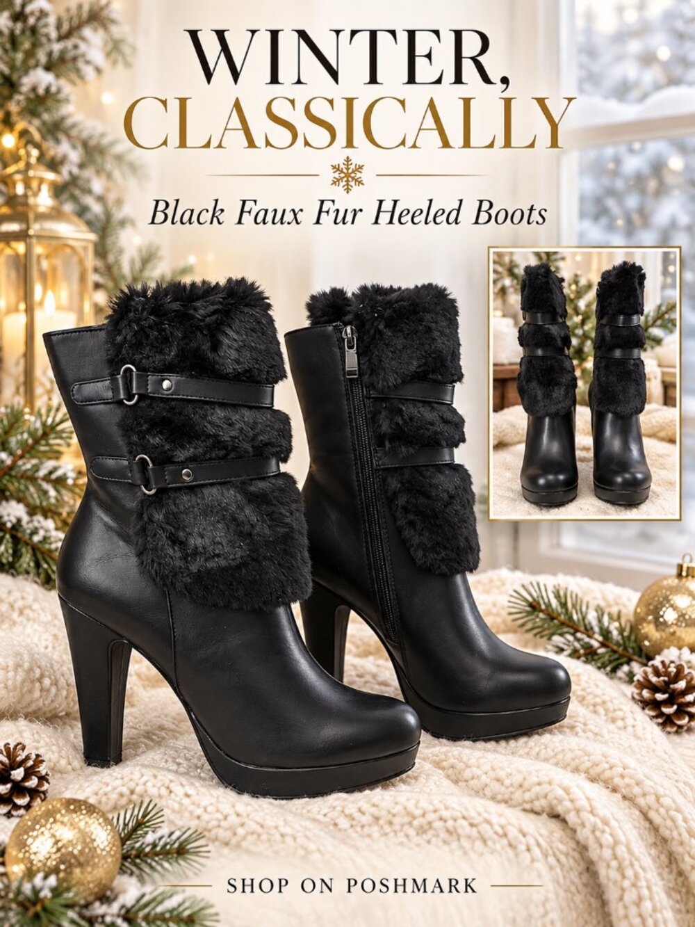 NWOT Thalia Sodi Black Faux Fur Platform Stiletto Ankle Boots Size 6